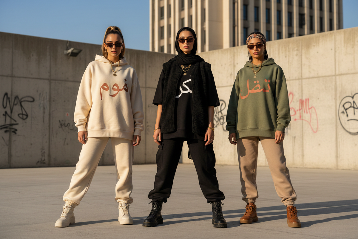 Four models posing in streetwear apparel from the brand Slay-Wear, including a navy track jacket, a black hoodie, a gray puffer jacket, and a pink sweatshirt, set against a concrete industrial building background.
