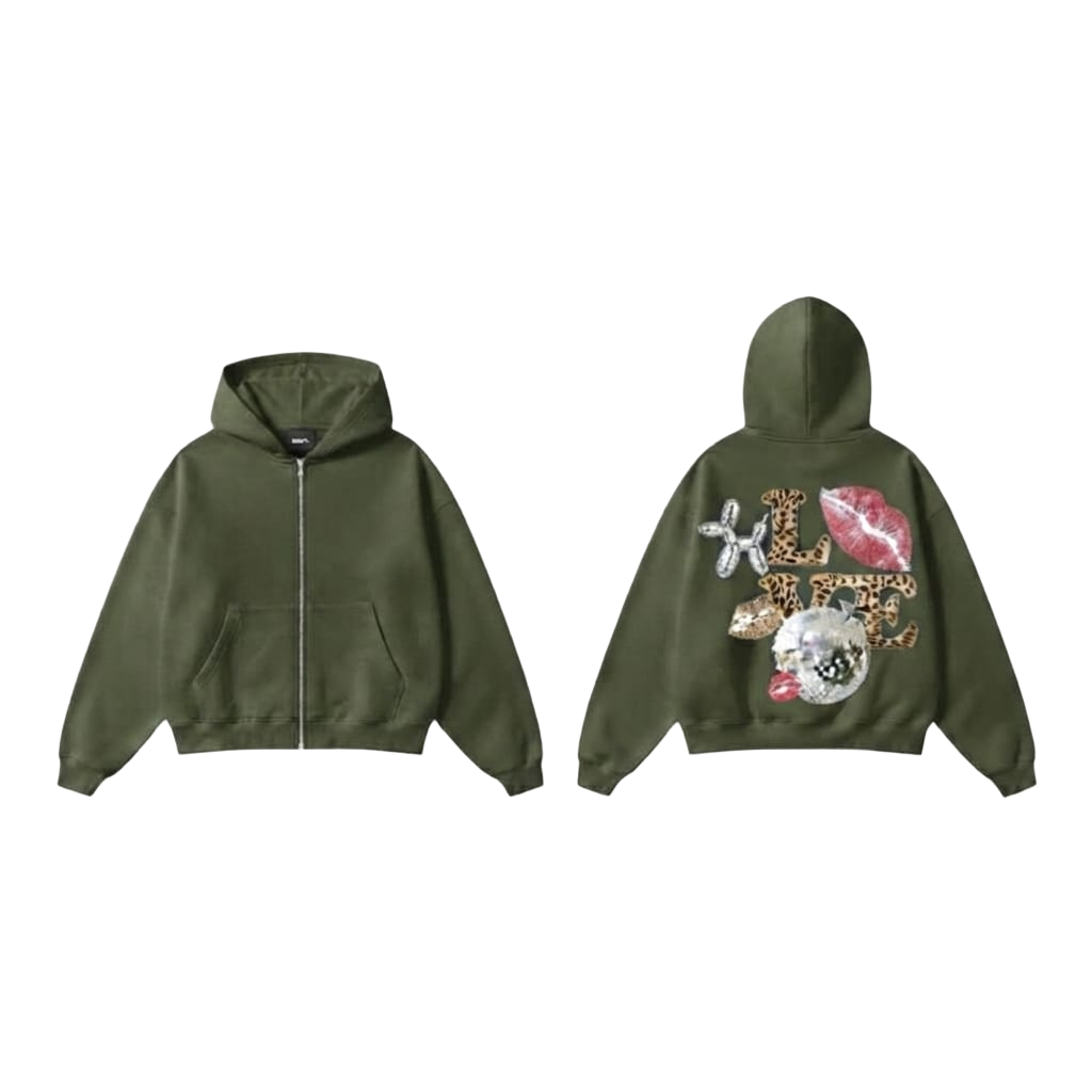 LOVE Graphic Zip-Up - Army Green
