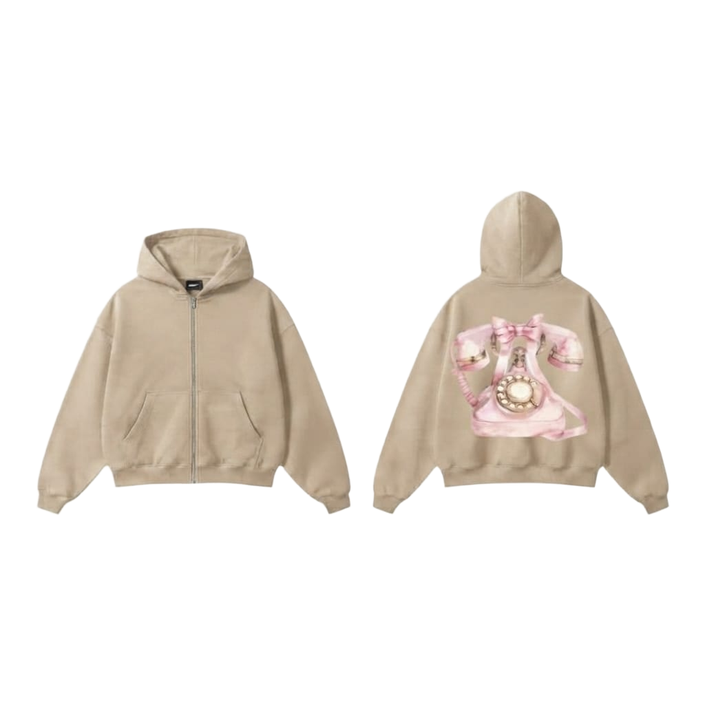 Pink Rotary Phone Zip-Up - Beige
