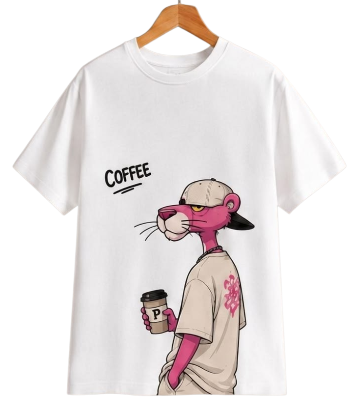 A white short-sleeve crewneck t-shirt hanging on a wooden hanger, featuring a cartoon graphic of a pink panther wearing a beige cap and holding a coffee cup, with the word 'COFFEE' printed above.