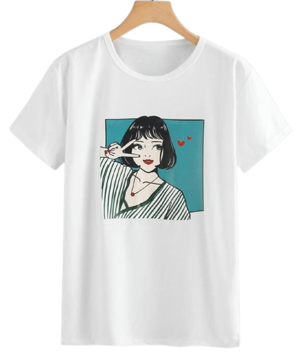 A white short-sleeve crewneck t-shirt hanging on a wooden hanger, featuring a retro-style graphic print of a woman with a bob haircut and red lips inside a teal square on the front.