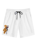 White drawstring shorts with a graphic of a teddy bear hugging a skeleton on the left leg, shown against a plain white background.