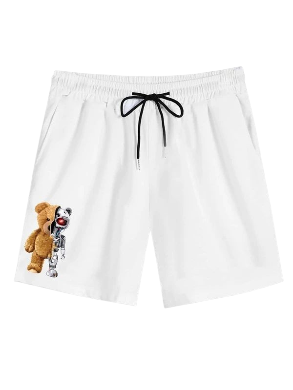 White drawstring shorts with a graphic of a teddy bear hugging a skeleton on the left leg, shown against a plain white background.
