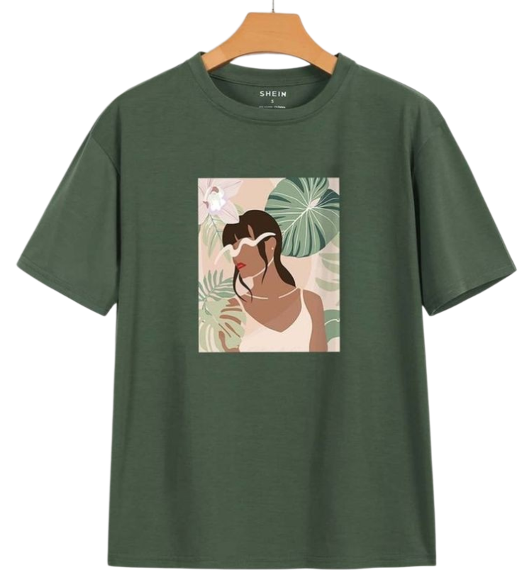 An olive green short-sleeve t-shirt hanging on a wooden hanger against a white background. The shirt features a square graphic print on the chest depicting a stylized woman with dark hair surrounded by green tropical leaves.