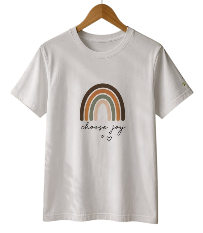 A white short-sleeve crewneck t-shirt hanging on a wooden hanger against a white background. The shirt features a retro-style rainbow graphic in brown, orange, and green, with the words 'choose joy' and small hearts printed below.